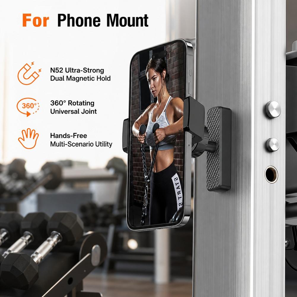 Phone Accessories Useful - ジム用マグネット式スマホホルダー 360 ° 調整可能で、強力な磁力を持つ、持ち運び可能なスマートフォン用マグネットマウント。ワークアウト時の動画撮影に最適。すべてのスマートフォンに対応。